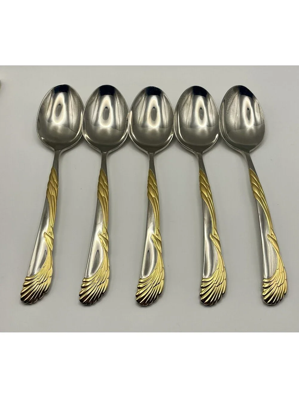(5) Sasaki WINGS Gold Accent Gerald Patrick Stainless Place Spoon Lot ~ 7 5/8”